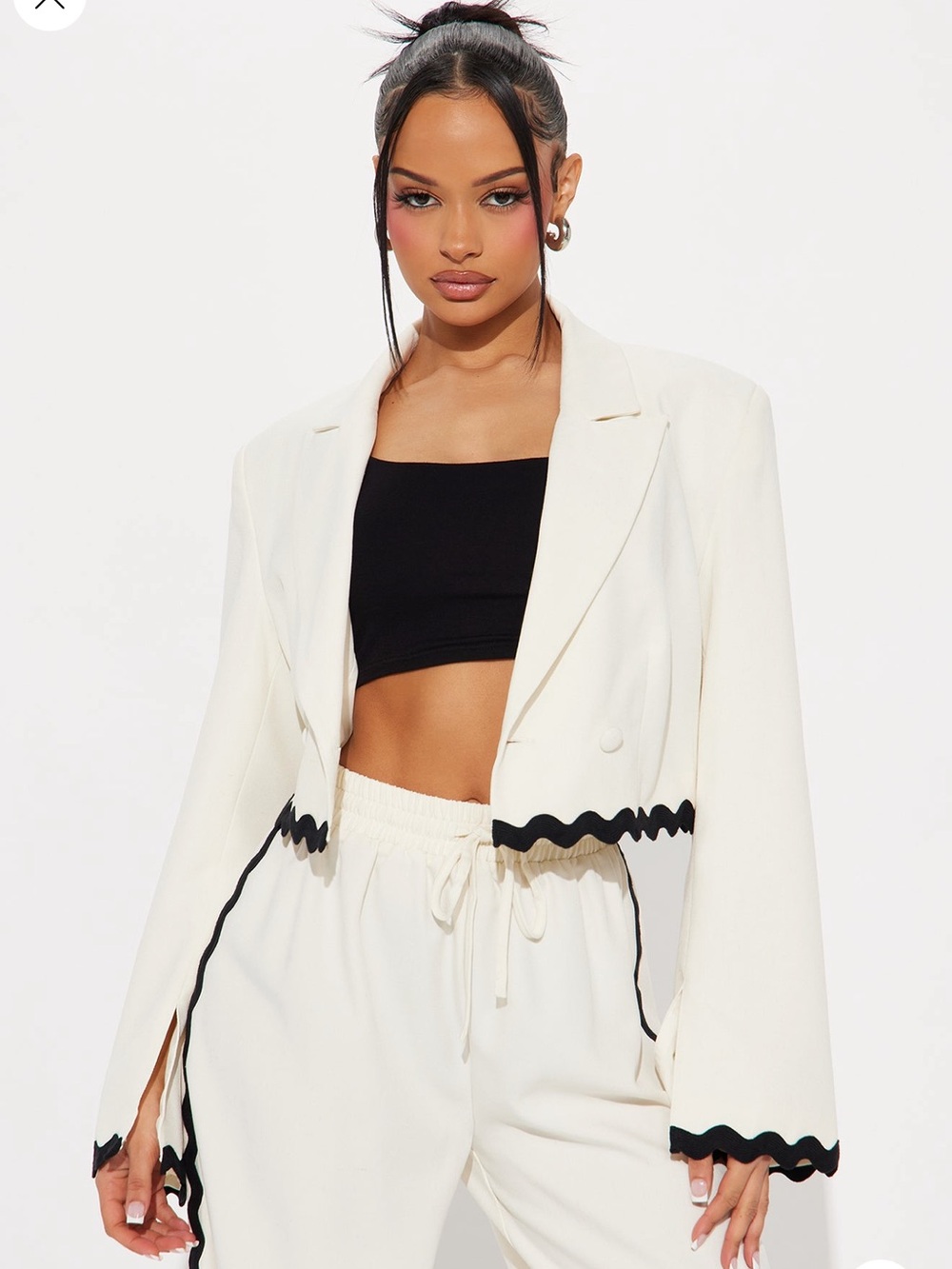 Fashion Nova Cream Cropped Blazer & Jogger Set with Black Trim